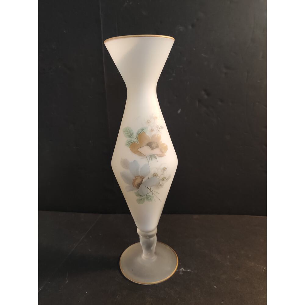 Vintage Frosted Satin Glass Hand Painted Floral Bud Vase Gold Trim - Picture 2 of 13